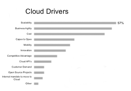 Graph showing Cloud drivers including: Cost saving, efficiency, etc.