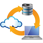 cloud, laptop and database icon. Used to symbolize how the Cloud is used for backup and Disaster Recovery.