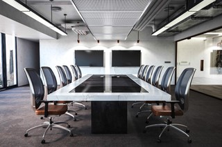 Fully outfitted conference room with modern audio visual equipment
