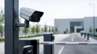 Physical security camera monitoring a facility entrance with an access control gate and security system.