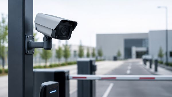 Physical security camera monitoring a facility entrance with an access control gate and security system.