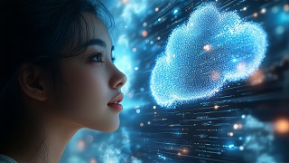 Woman uploading and transferring data from computer to cloud computing. digital technology concept, data migration. Ultra realistic. Photorealistic