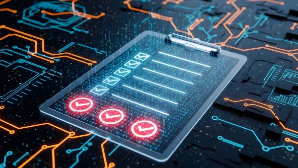 Technology-themed digital checklist representing IT risk management, cybersecurity compliance, infrastructure security, and proactive risk assessment for modern businesses