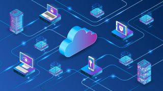 Illustration of a cloud computing network with connected servers, laptops, desktops, mobile devices, and security icons linked through a centralized cloud platform, representing secure cloud infrastructure and data connectivity.