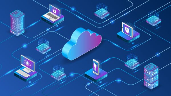 Illustration of a cloud computing network with connected servers, laptops, desktops, mobile devices, and security icons linked through a centralized cloud platform, representing secure cloud infrastructure and data connectivity.