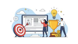 Illustration of digital marketing and business success strategy showing a team working on a website interface, a target with an arrow hitting the bullseye, a trophy for achievement, a lightbulb for ideas, and coins representing growth and ROI, symbolizing goal setting, performance optimization, and conversion-focused online strategy.