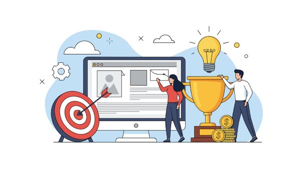 Illustration of digital marketing and business success strategy showing a team working on a website interface, a target with an arrow hitting the bullseye, a trophy for achievement, a lightbulb for ideas, and coins representing growth and ROI, symbolizing goal setting, performance optimization, and conversion-focused online strategy.