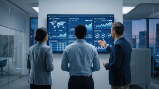 Business professionals analyzing real-time data dashboards and analytics on a large digital display during a technology strategy meeting