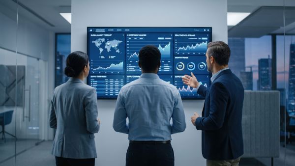 Business professionals analyzing real-time data dashboards and analytics on a large digital display during a technology strategy meeting