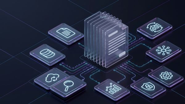 Continuous data protection (CDP) cybersecurity concept showing digital data files connected to cloud backup, storage, monitoring, analytics, security, and recovery systems as part of a modern data protection and disaster recovery strategy.