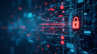 Cybersecurity vulnerability management with digital systems, security vulnerabilities, and a locked padlock representing data protection