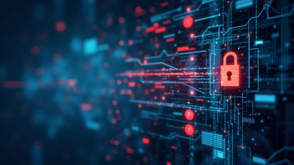 Cybersecurity vulnerability management with digital systems, security vulnerabilities, and a locked padlock representing data protection