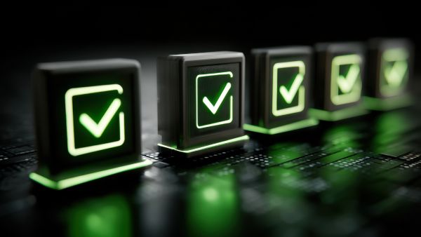 Row of illuminated checkmark icons representing continuous IT monitoring, ongoing security visibility, and proactive identification of cybersecurity threats and vulnerabilities before they become larger problems.